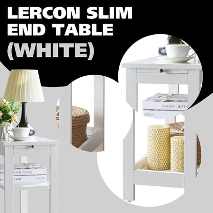 Slim Wood Side End Table with Storage Shelves & Pull-Out Tray - White
