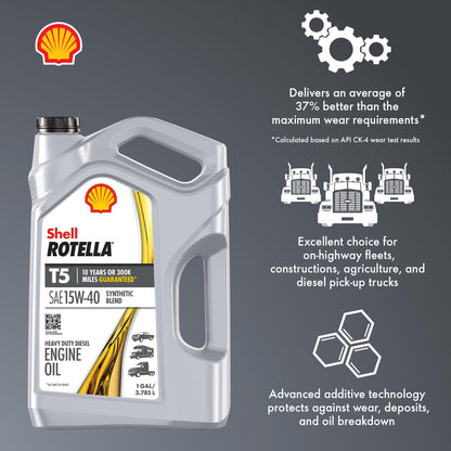 Shell Rotella T5 Synthetic Blend 15W-40 Diesel Engine Oil, 1 Gallon