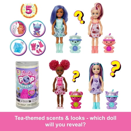 Barbie Chelsea Pop Reveal Boba Tea Series Doll in Tea Can with 5 Surprises, Scented (Styles Vary)