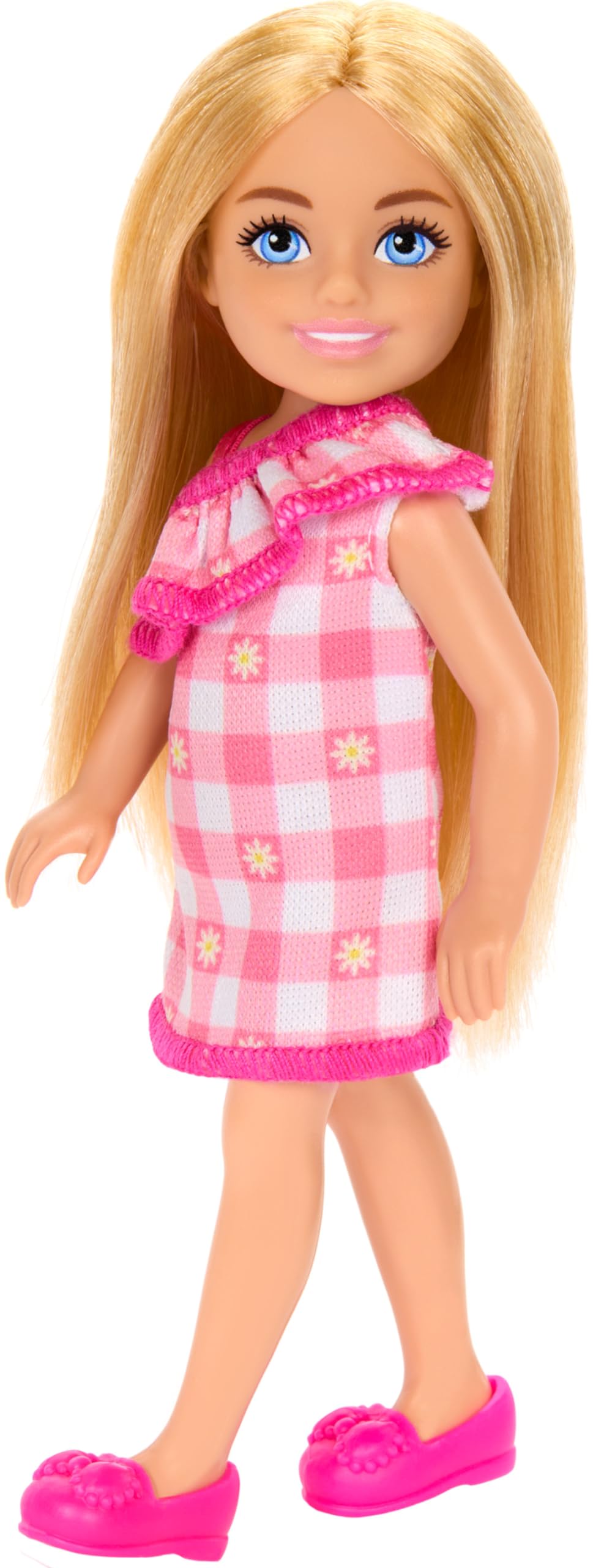 Barbie Chelsea Doll, Small Doll Wearing Removable Checked Dress & Pink Shoes with Blonde Hair & Blue Eyes
