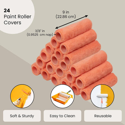 Juvale 9-Inch Paint Roller Covers - 24 Pack 3/8-Inch Nap Paint Roller Brushes, Painting Roller Covers, Home Repair Tools for All Types of Paints