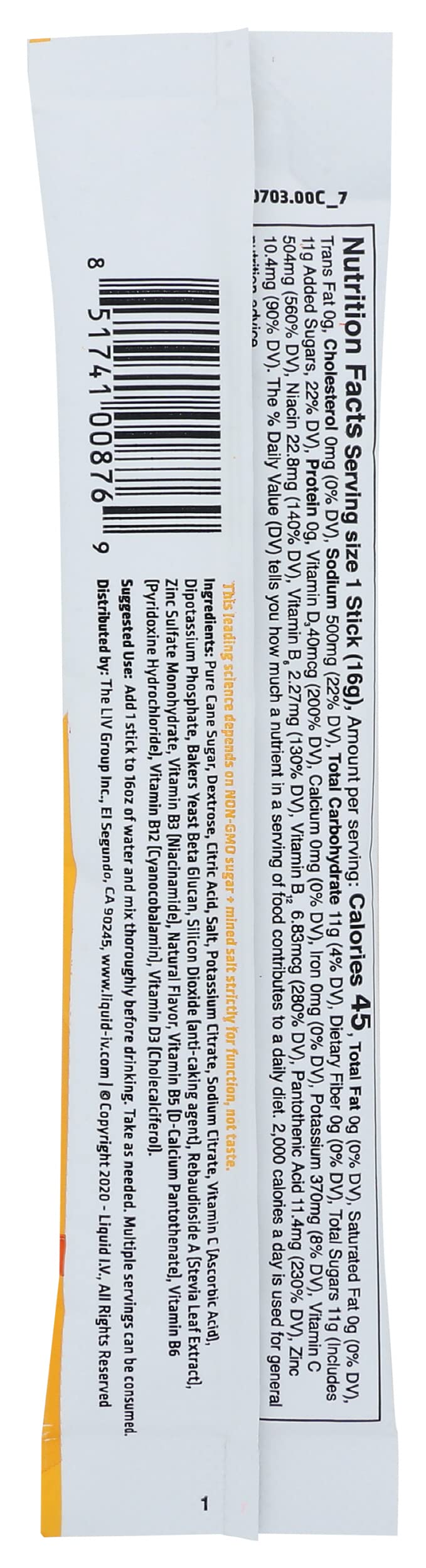 Liquid IV Tangerine Hydration Single (BB Oct 2027)