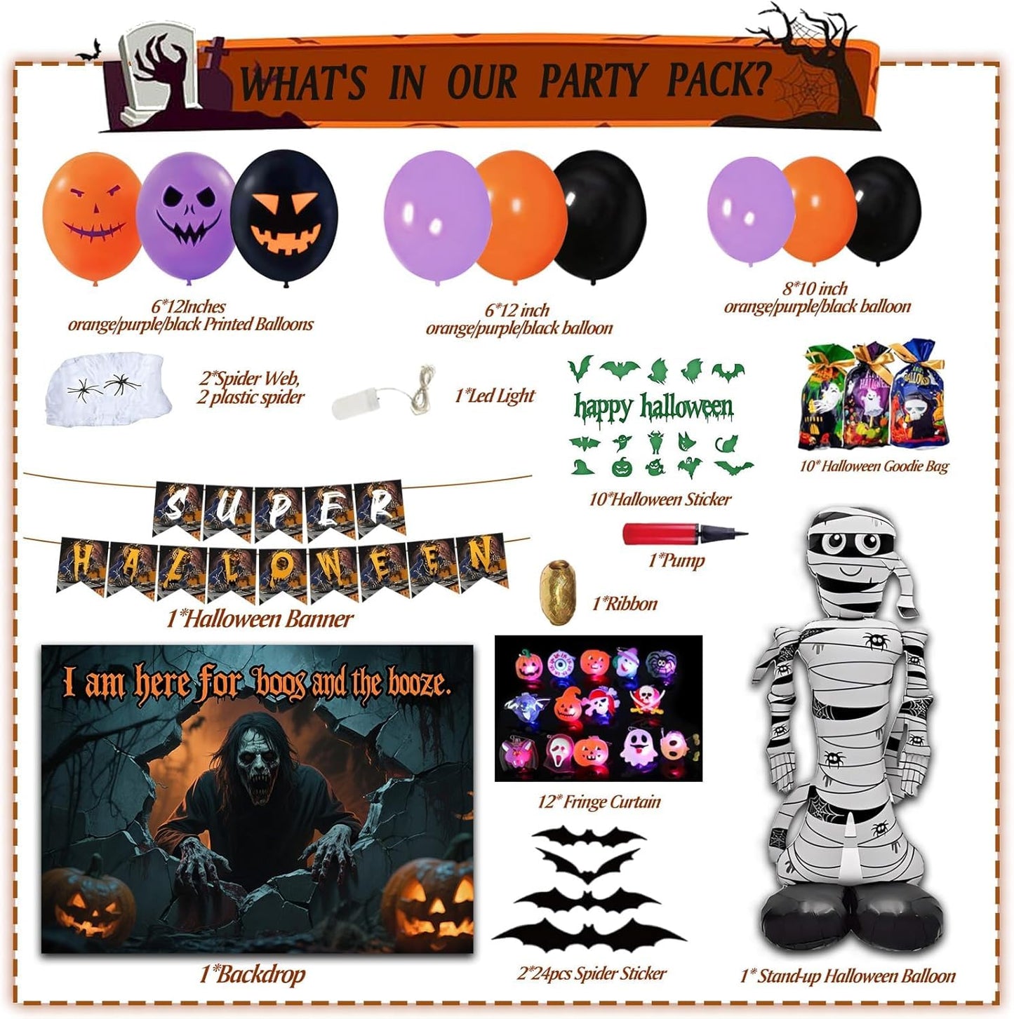 117 Pcs Halloween Decorations 5 Ft Jumbo Foil Balloon Happy Banner 60 Pcs Balloons Treat or Trick Goodie Bags Spider Bat Banner Foil Curtains Adult Party Supplies