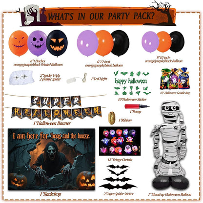 117 Pcs Halloween Decorations 5 Ft Jumbo Foil Balloon Happy Banner 60 Pcs Balloons Treat or Trick Goodie Bags Spider Bat Banner Foil Curtains Adult Party Supplies