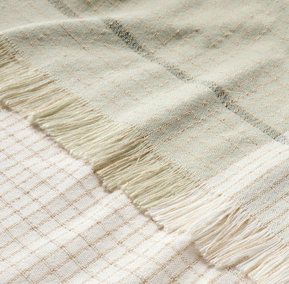 Woven Tan/Green Throw Blanket with Colorblock Pattern