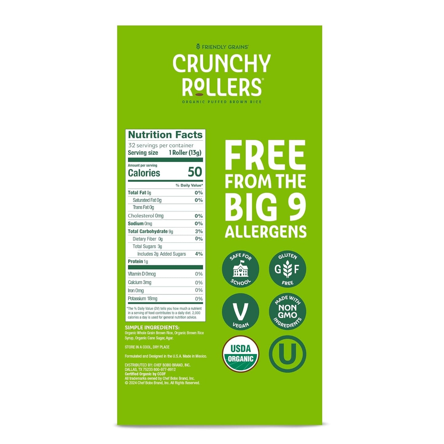 Original Brown Rice Crunchy Rollers - Organic Rice Healthy Snack Crispy Puffed Rolls for Adults and Kids - Friendly Grains (32 Count) **Exp 08/09/26** *Damaged Box*