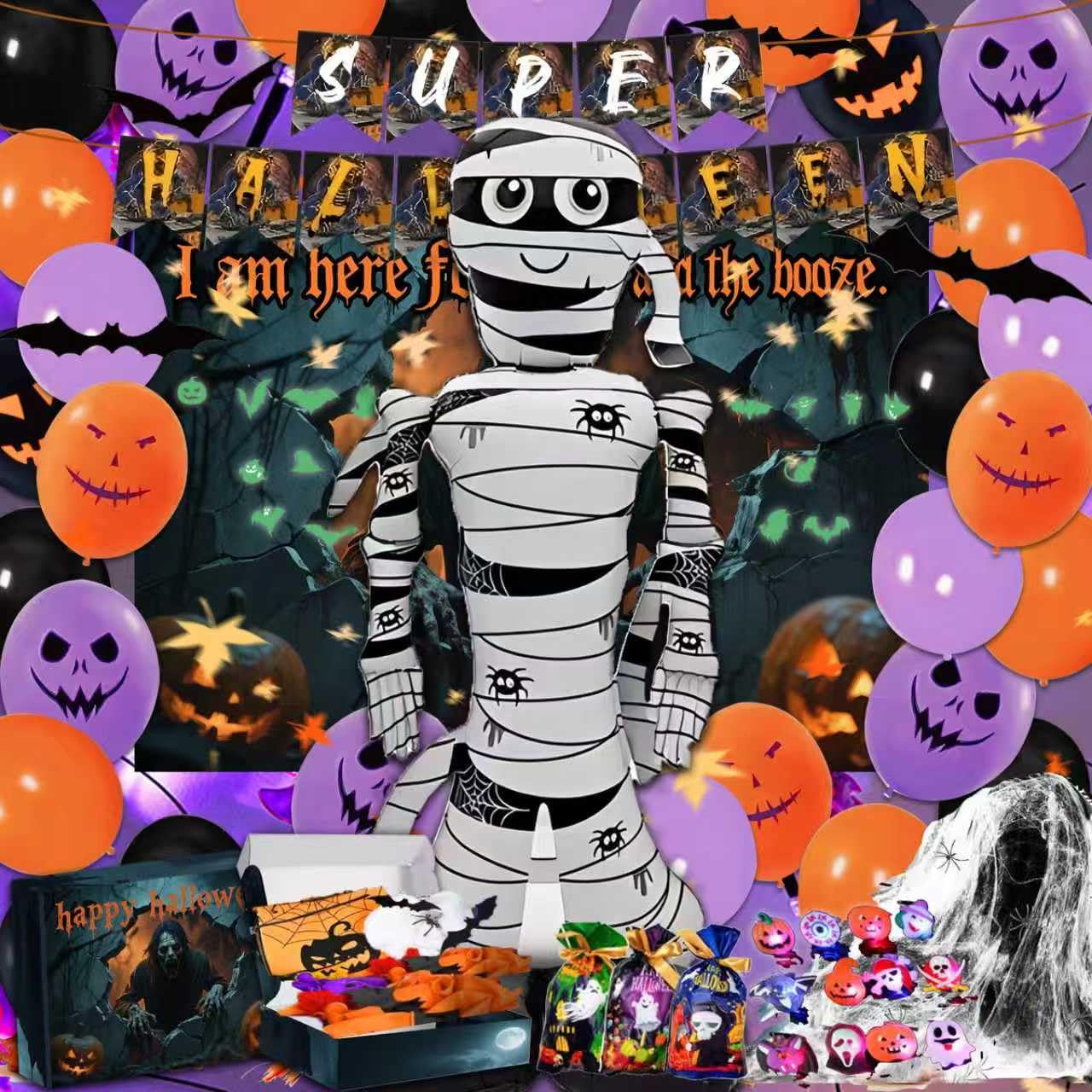 117 Pcs Halloween Decorations 5 Ft Jumbo Foil Balloon Happy Banner 60 Pcs Balloons Treat or Trick Goodie Bags Spider Bat Banner Foil Curtains Adult Party Supplies
