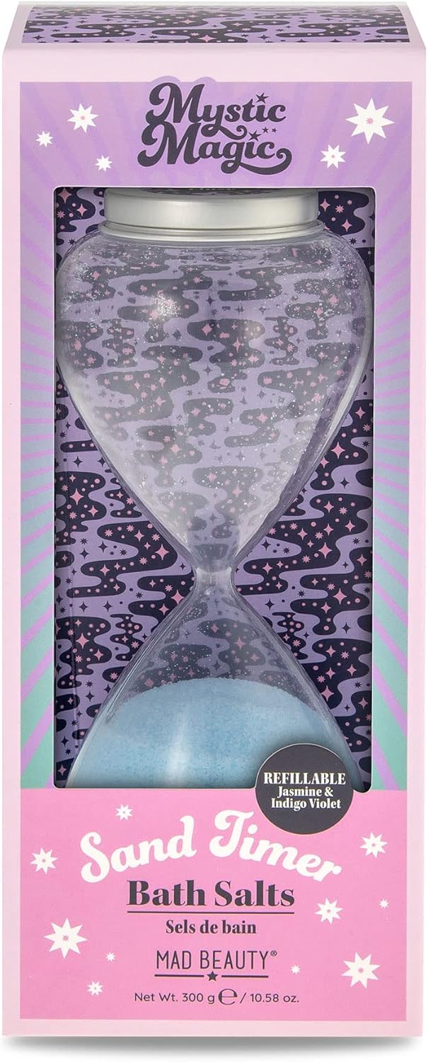 MAD BEAUTY Mystic Magic Hourglass Bath Timer Salts, Gorgeous Jasmine & Indigo Violet, Elegant & Reusable Sand Timer Dispenser with Bath Salts, Relax & Unwind, Great Self-Care Gift *Damaged Box*