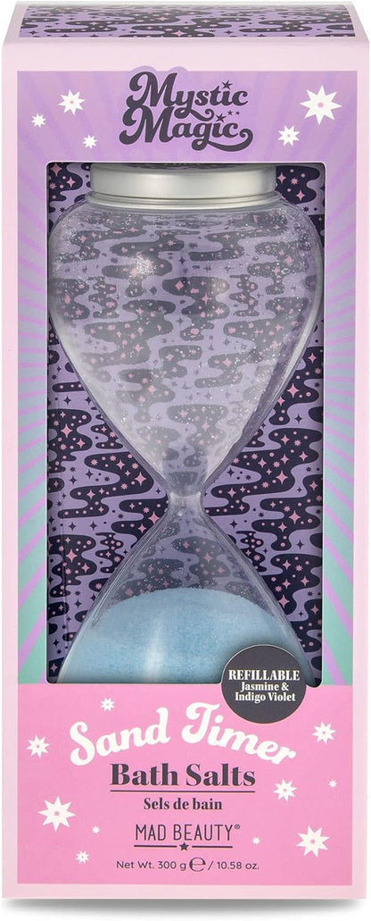 MAD BEAUTY Mystic Magic Hourglass Bath Timer Salts, Gorgeous Jasmine & Indigo Violet, Elegant & Reusable Sand Timer Dispenser with Bath Salts, Relax & Unwind, Great Self-Care Gift *Damaged Box*