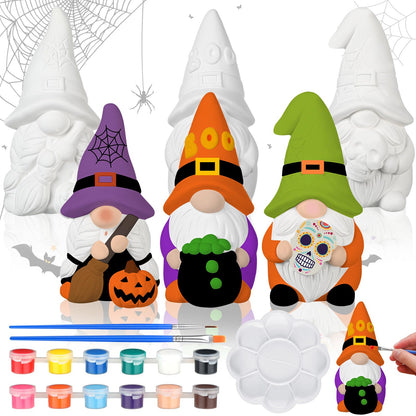 3 Pack Gnome Figurines, Halloween DIY Ceramic to Paint Craft Kit