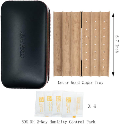 Segaphy Cigar Travel Humidor Case Box with Cedar Lining Portable Leather Humidor with 2-Way Humidity Control Hold 6 Cigars(Black)