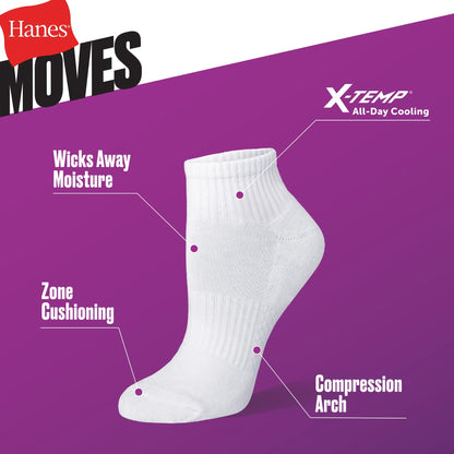 Hanes Women's Moves Ankle Socks, Performance Socks for Women, X-Temp, Cushioned with Arch Support, 6-Packs