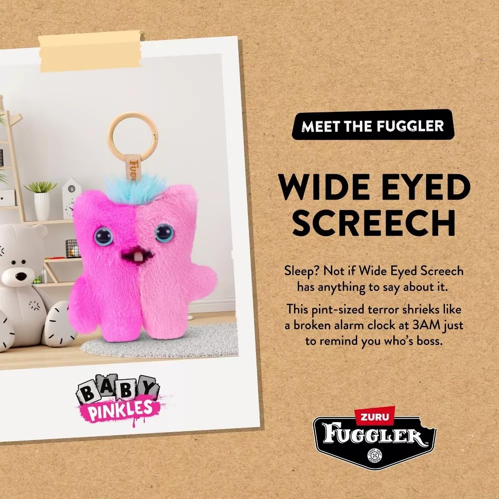 ZURU Fuggler Pinkles Keychain, Plush Toy, 3.5” (Wide Eyed Screech)