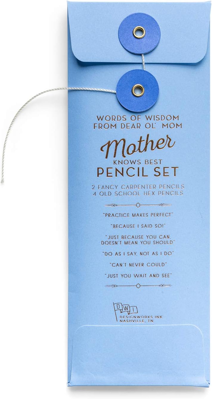 DesignWorks Ink Mother Knows Best Engraved Pencil Set Includes 6 Wooden Graphite Pencils with 2 Carpenter Pencils & 4 No. 2 Pencils with Erasers in a Boxed Set