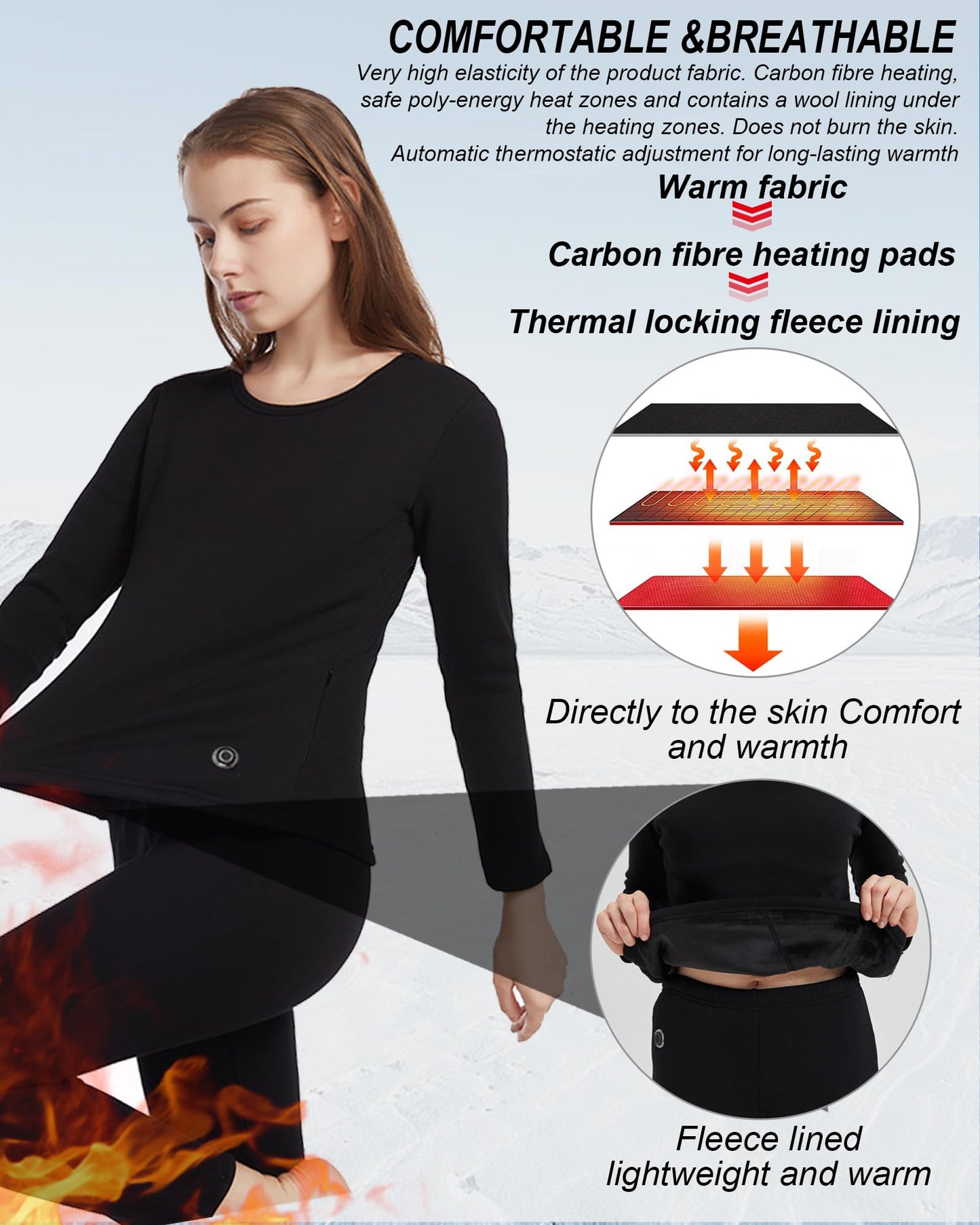 Size Medium Women's Heated Thermal Underwear Set 16 Heating Zones