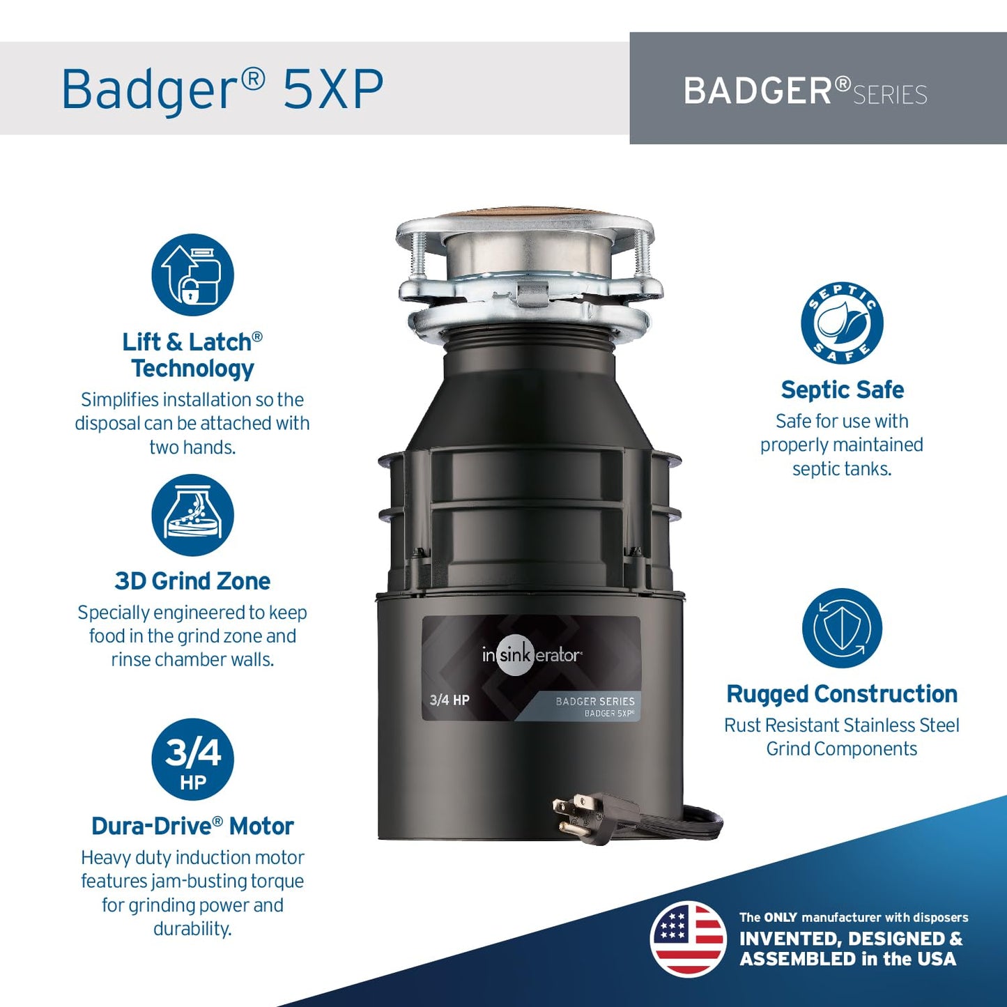 InSinkErator Badger 5XP 3/4 HP Garbage Disposal with Power Cord