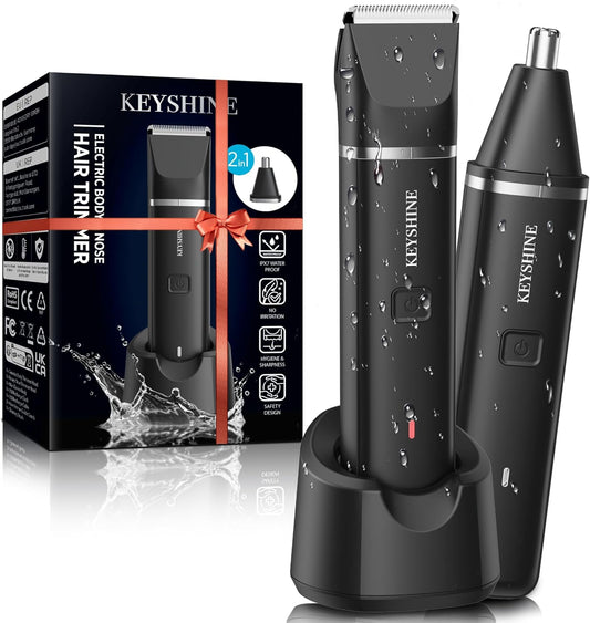 Groin Hair Trimmer - Nose Trimmer: IPX 7 Waterproof Electric Ball Trimmer for Men - 2 in 1 Body Groomer with Replaceable Ceramic Blade Heads - Keep You Trim Neat Clean
