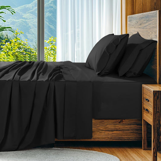 SONORO KATE 100% Egyptian Cotton Sheets Set, Extra Deep Pocket up to 18"-24",1000 High Thread Count, Soft & Breathable 5-Star Hotel Sateen Bed Sheets - 4 PC (Black,Queen)