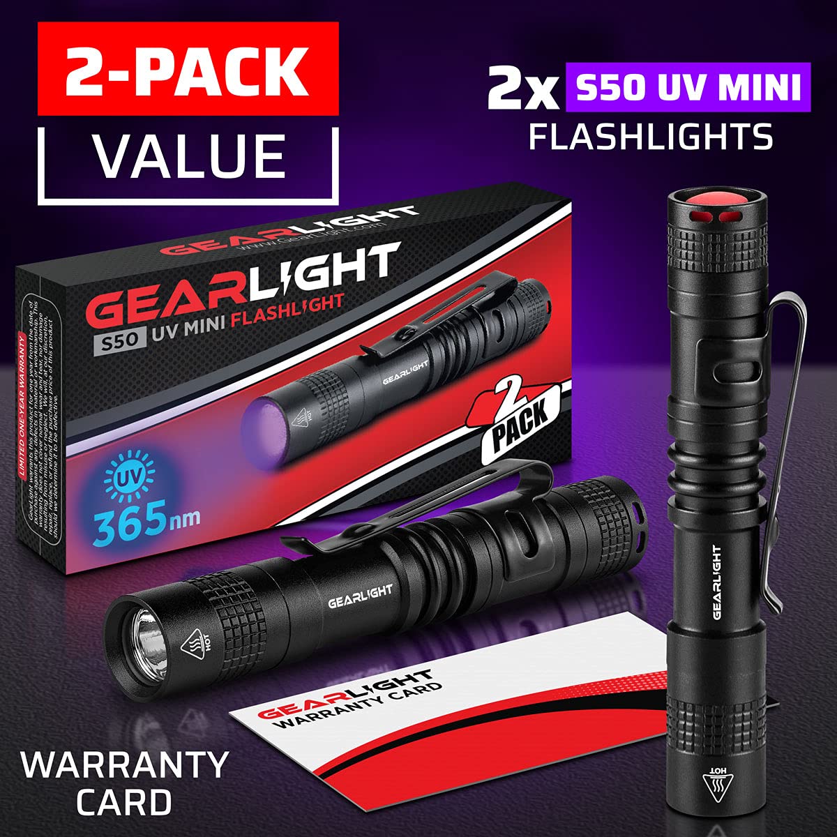 GearLight S50 UV Blacklight Flashlights 2 Pack
