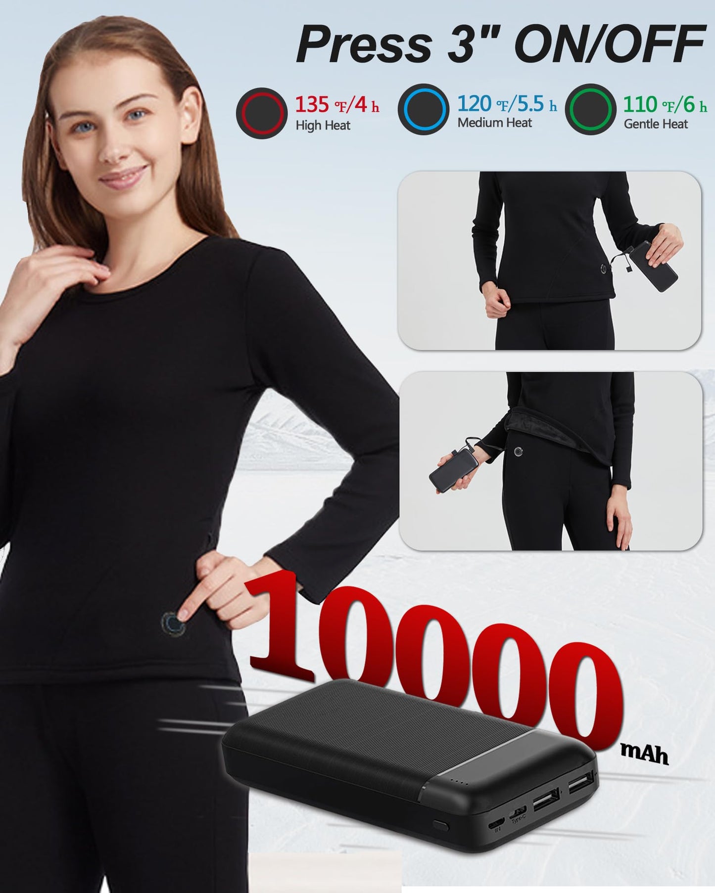 Size Medium Women's Heated Thermal Underwear Set 16 Heating Zones