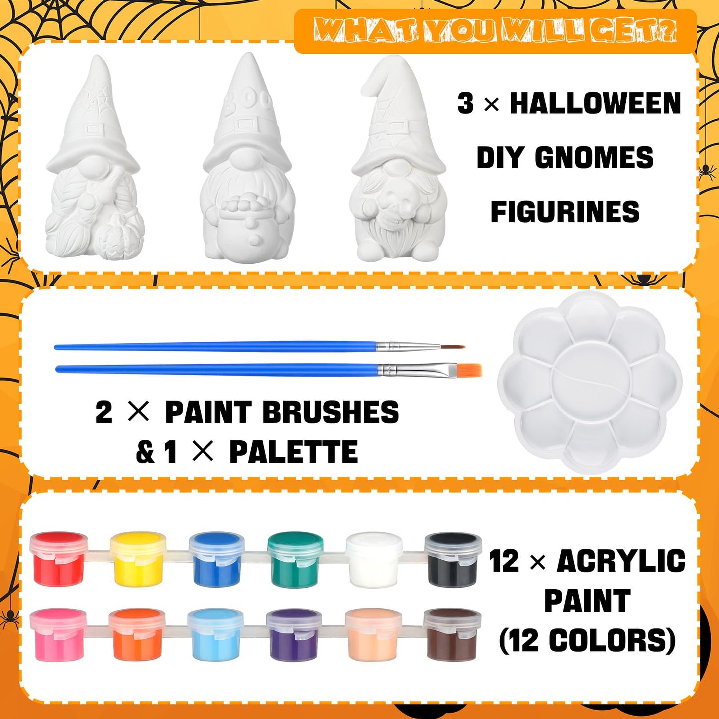 3 Pack Gnome Figurines, Halloween DIY Ceramic to Paint Craft Kit