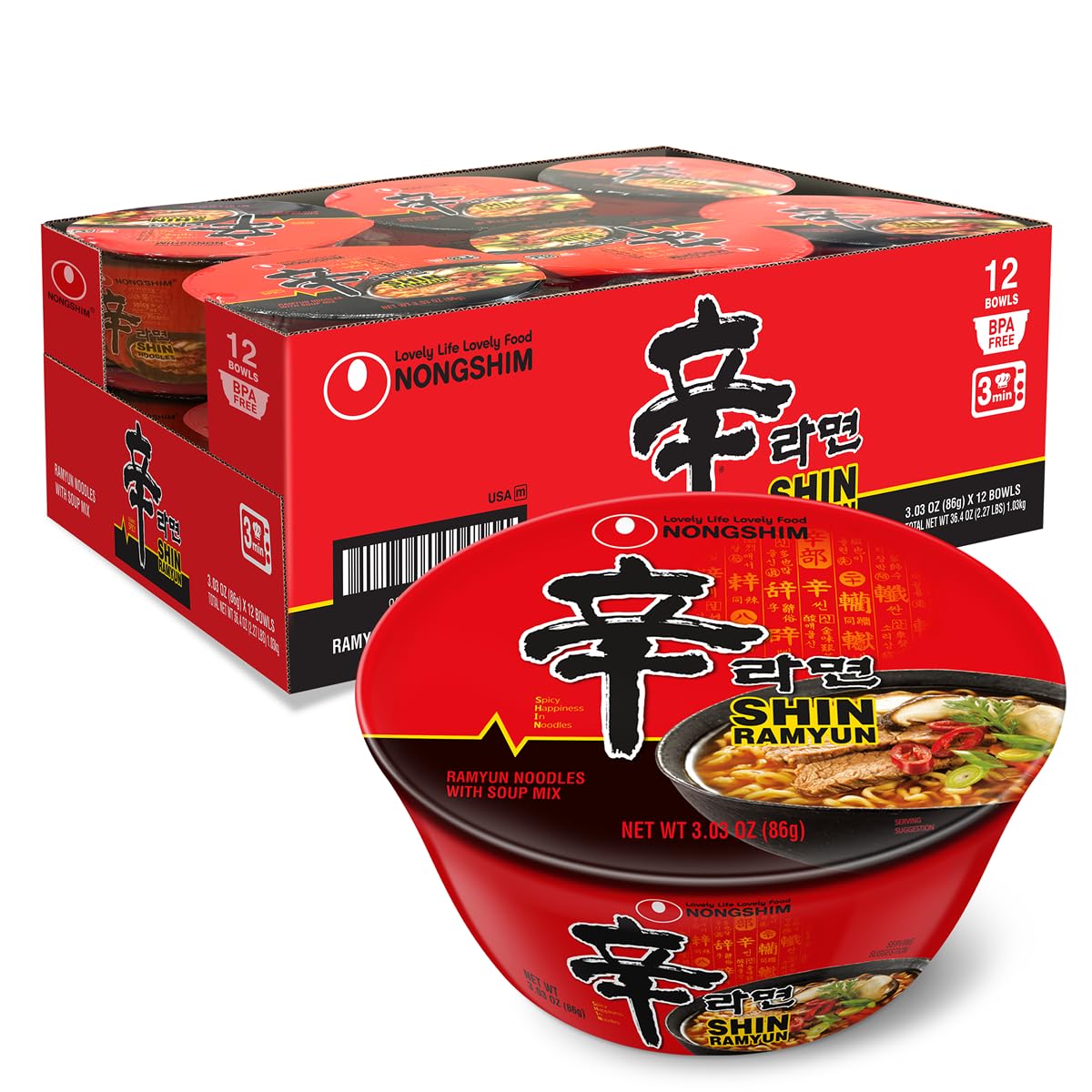 Nong Shim Shin Noodle Soup Bowl, Spicy, 3.03 Ounce (Pack of 12) (BB APR 5 2027)