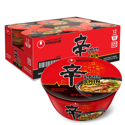 Nong Shim Shin Noodle Soup Bowl, Spicy, 3.03 Ounce (Pack of 12) (BB APR 5 2027)