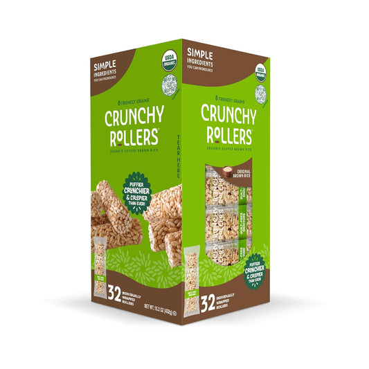 Original Brown Rice Crunchy Rollers - Organic Rice Healthy Snack Crispy Puffed Rolls for Adults and Kids - Friendly Grains (32 Count) **Exp 08/09/26** *Damaged Box*