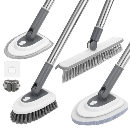 Armscye 4 in 1 Tub Tile Scrubber Brush 47 Inch Adjustable Long Handle Shower Scrubbing and 4 Detachable Replacement Brush Heads Cleaning Brush for Cleaning Bathroom Kitchen Toilet Wall Tiles