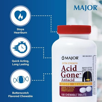 Major Acid Gone Antacid Stops Heartburn Chewable Tablets, White, 160 mg, 100 ct *Exp 08/2027*