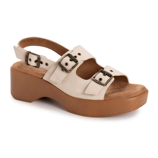 Women's 7 MUK LUKS Calliope Strappy Sandals Natural Suede *Damaged Box Missing Lid*