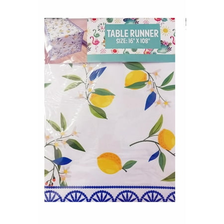Lemon Print Table Runner Blue Accent 108 x 16 Inch Creative Home and Kitchen