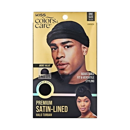 KISS Colors & Care Premium Satin-Lined Halo Turban & 2 Wave Cap, Pre-Tied, Black