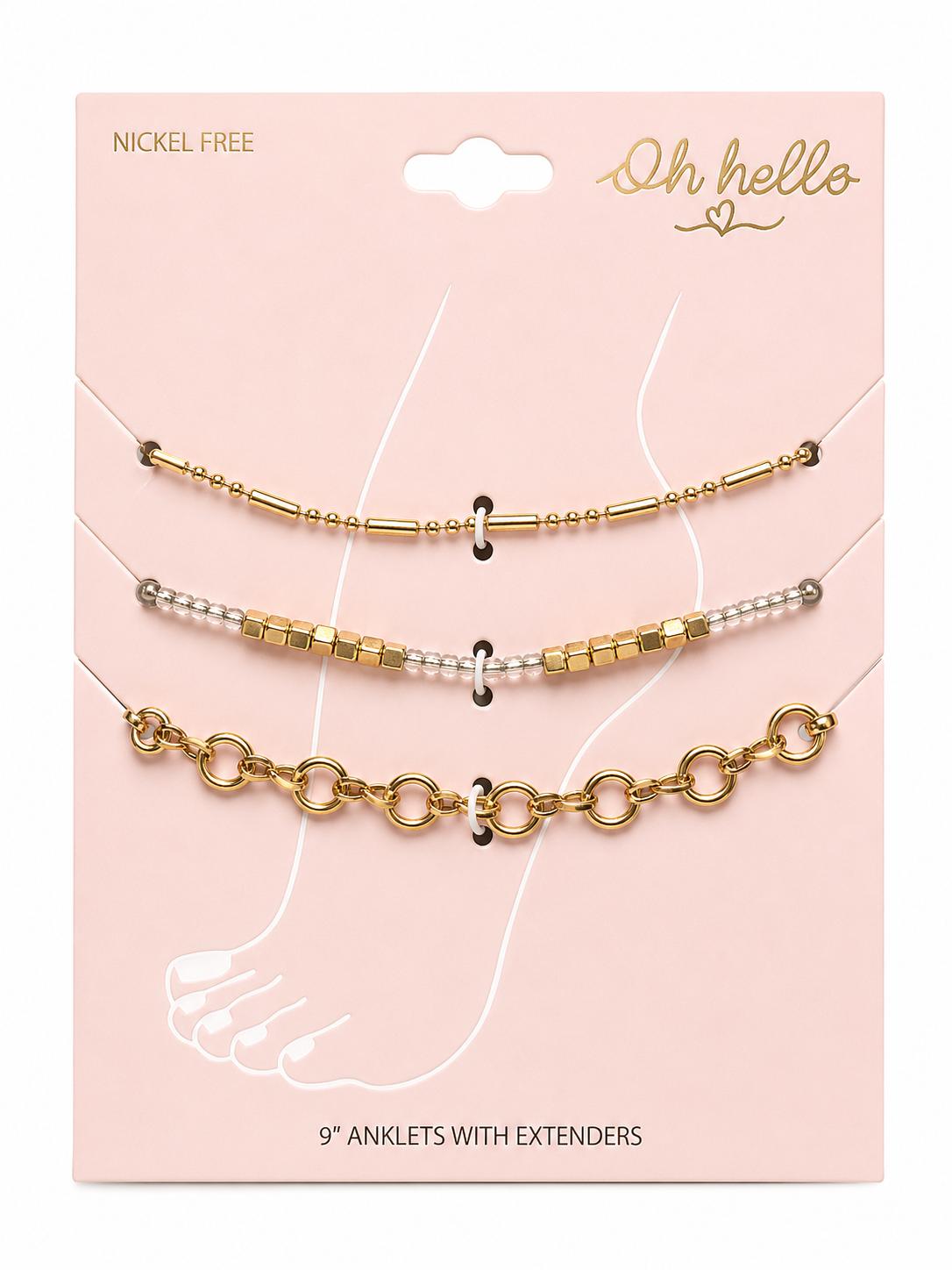Oh Hello 3-Piece Gold-Tone Anklet Set