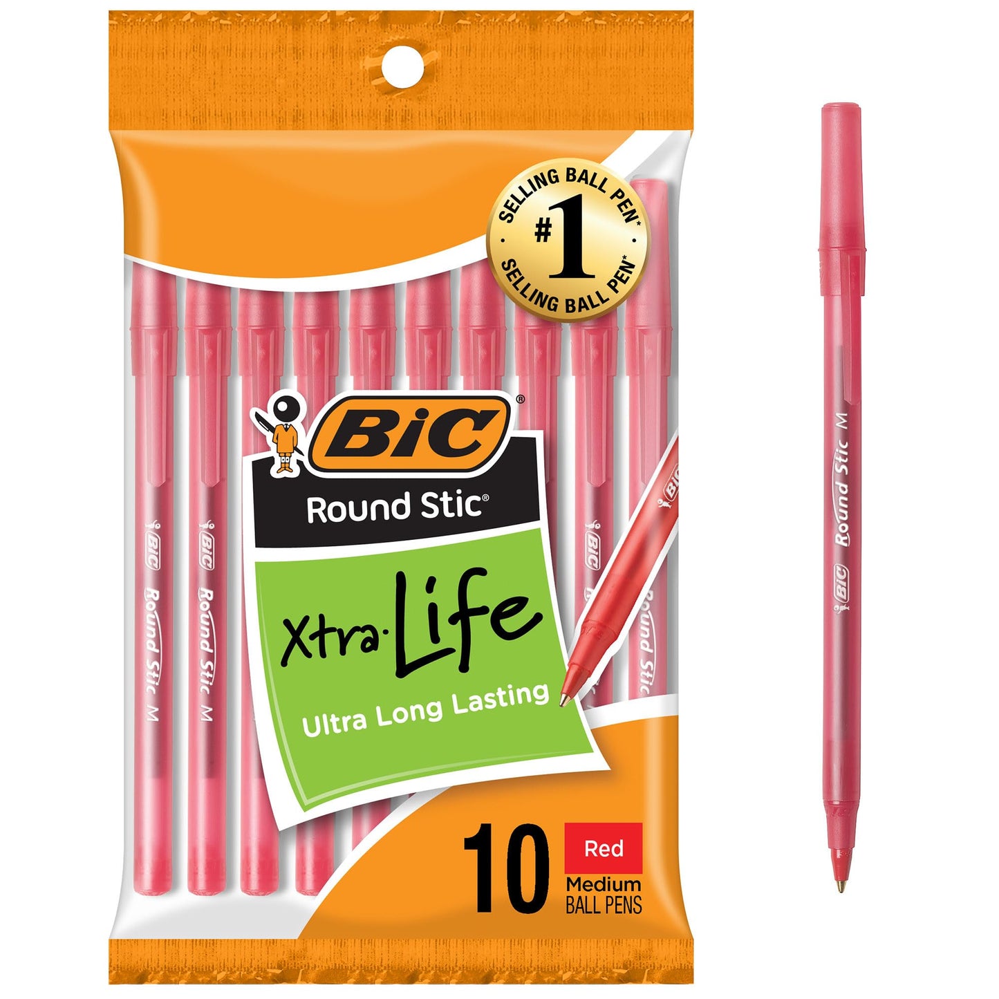 BIC Round Stic Xtra Life Red Ballpoint Pens, 10-Count Pack