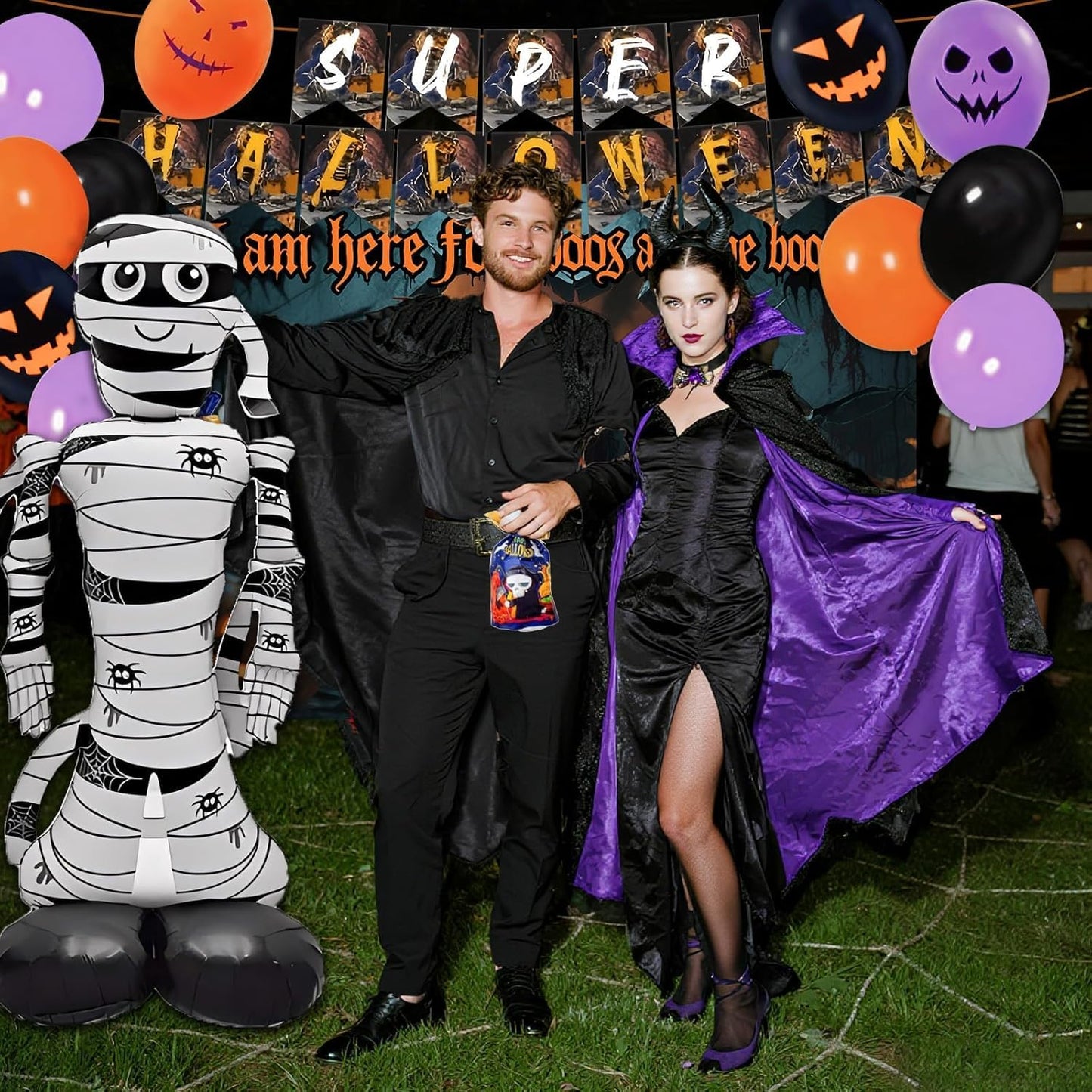 117 Pcs Halloween Decorations 5 Ft Jumbo Foil Balloon Happy Banner 60 Pcs Balloons Treat or Trick Goodie Bags Spider Bat Banner Foil Curtains Adult Party Supplies