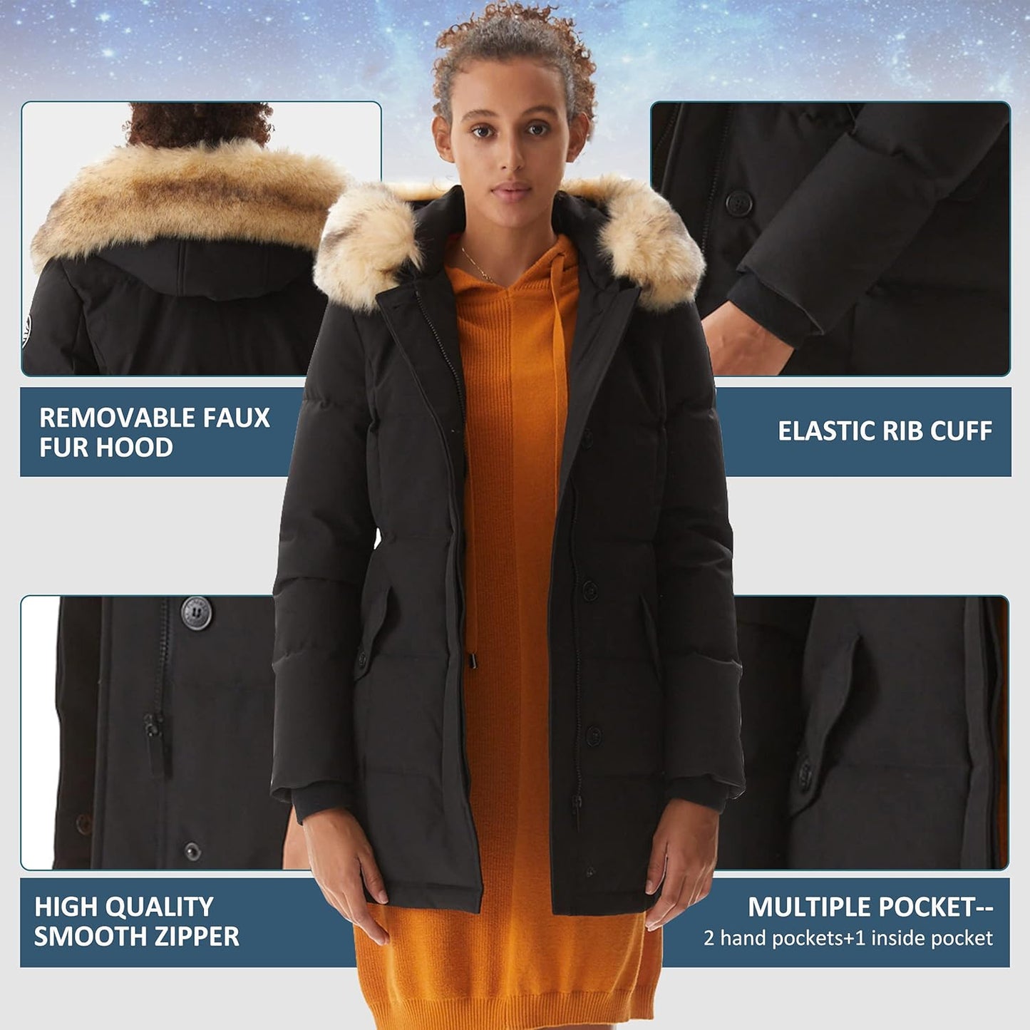 Women's Size XS-XXL Padded Jacket, Ladies Fur Hooded Thickened Vegan Down Long Parka Winter Outwear Warm Puffer Coat