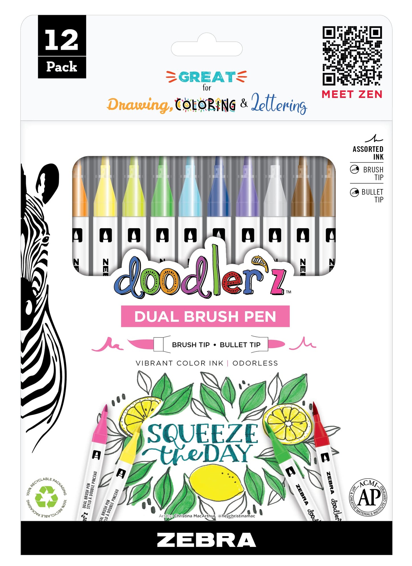Zebra Doodler’z Dual Brush Pens Assorted Colors, 12-Pack