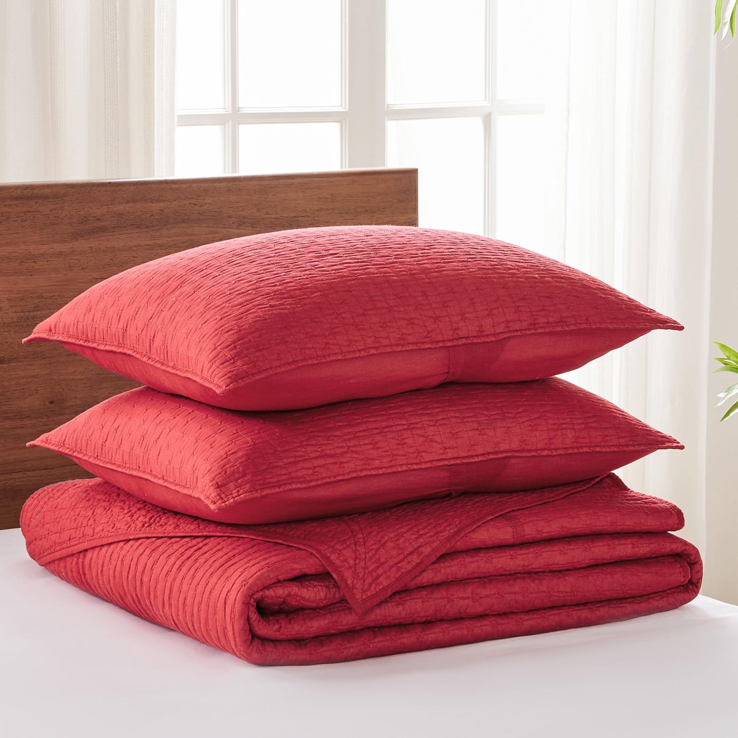 Levtex Home Cross Stitch Bedspread Set - King Bedspread, 2 Shams - Red - Cotton