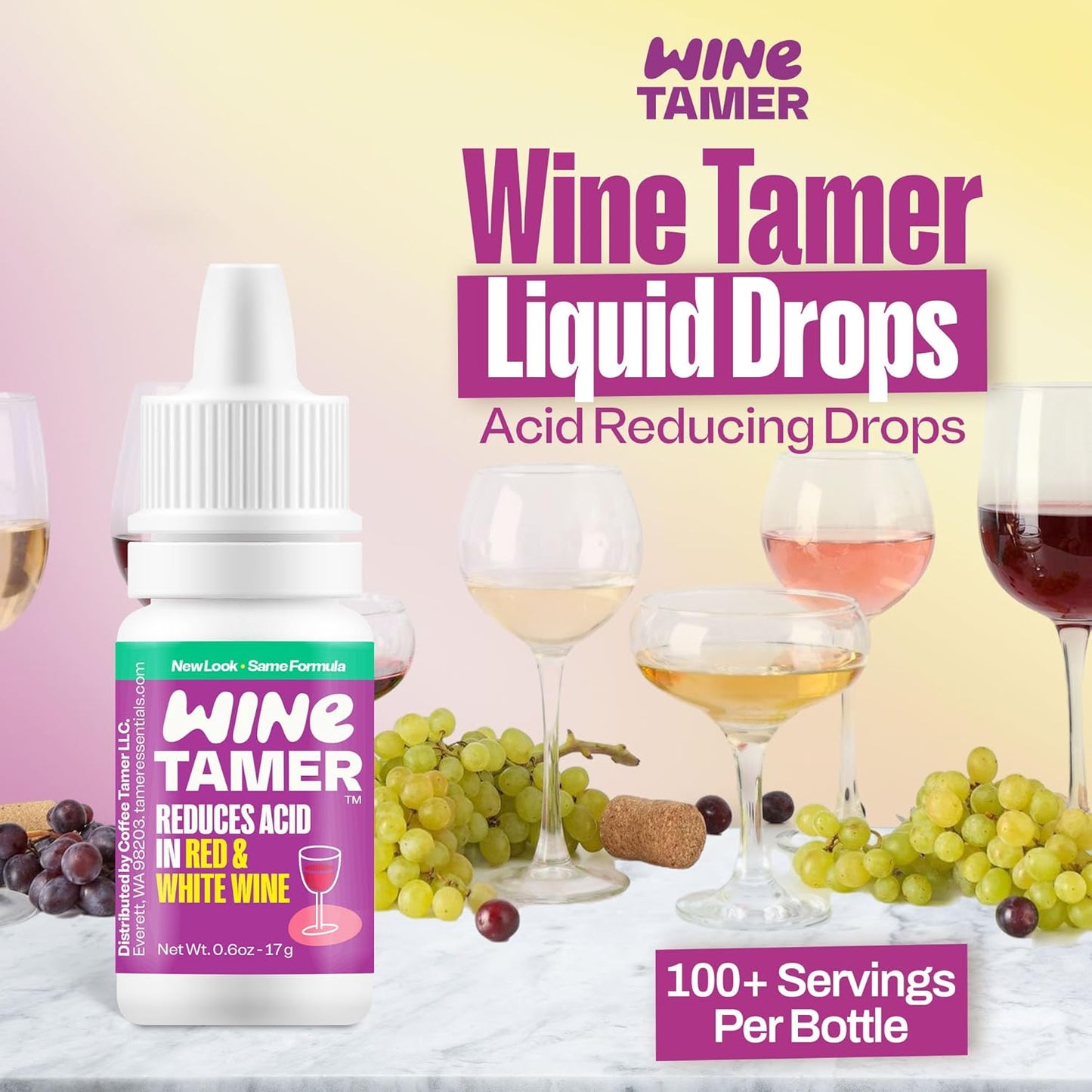Wine Tamer Liquid Drops - Reduces Acid in Red & White Wine - Odorless & Tasteless, Safe Ingredients - Keto Friendy - Sugar, Calorie, & Gluten Free - 100+ Servings 6oz Dropper Bottle
