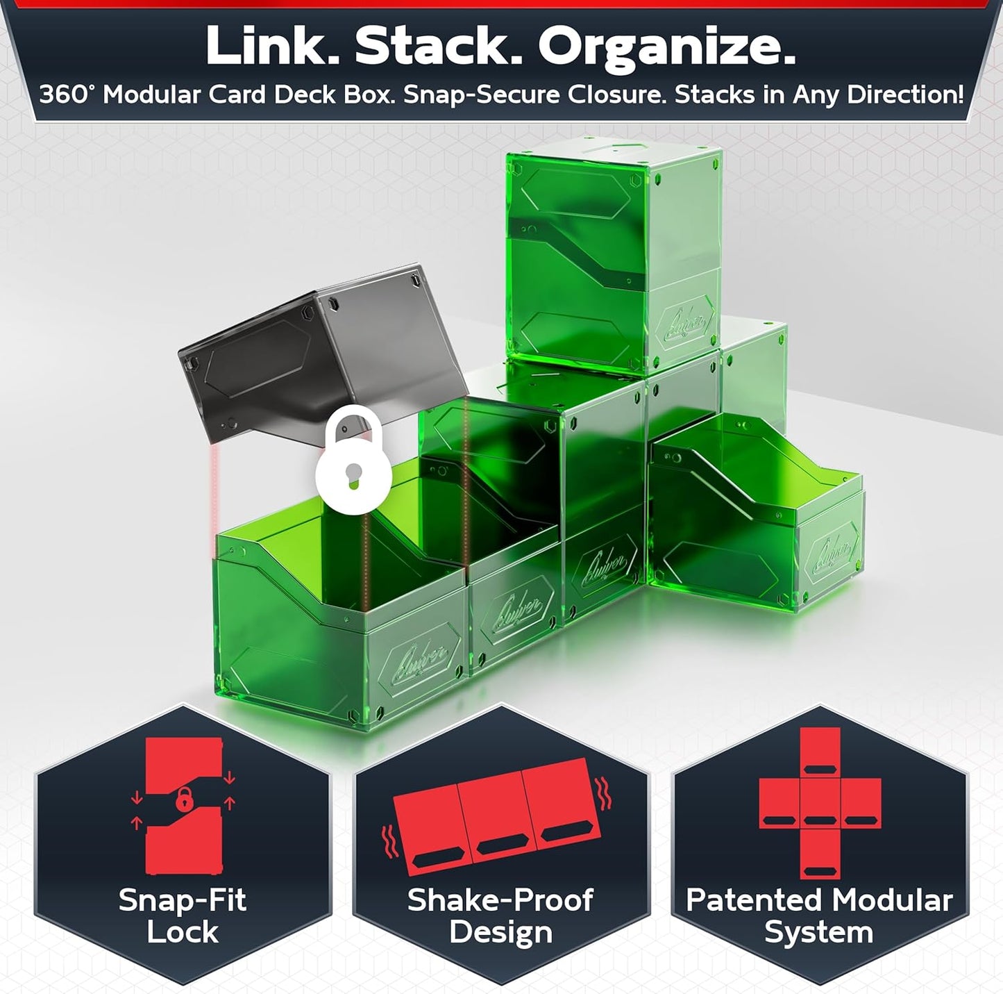 Quiver Time 360  Modular Nexus DeckBlock - Durable Stackable MTG Deck Box for Commander fits 100+ Cards | Stylish 100 Card Deck Box MTG | Interchangeable TCG Decks Boxes (1 pcs, Green)
