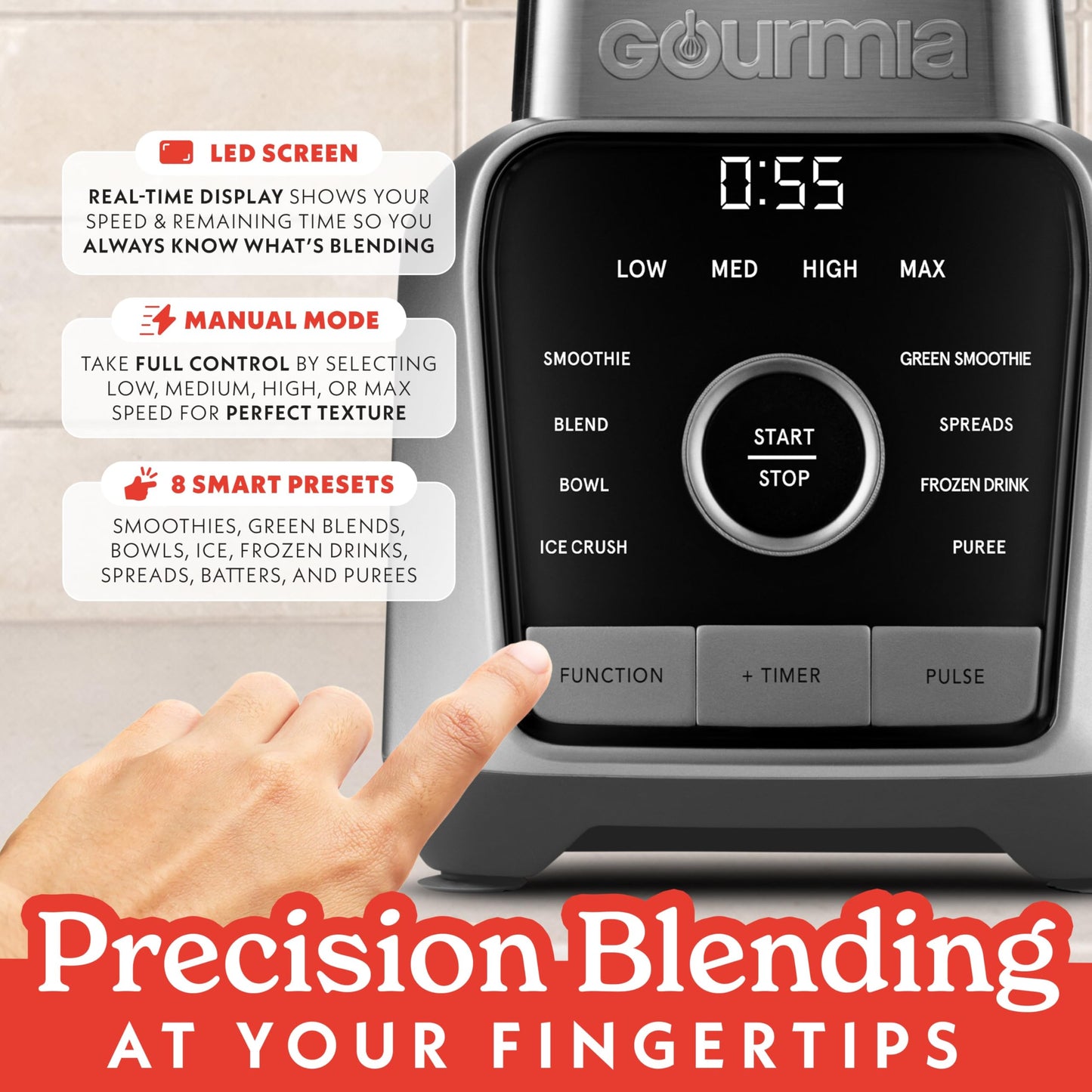 Gourmia 1250W 4-Speed Blender Gray