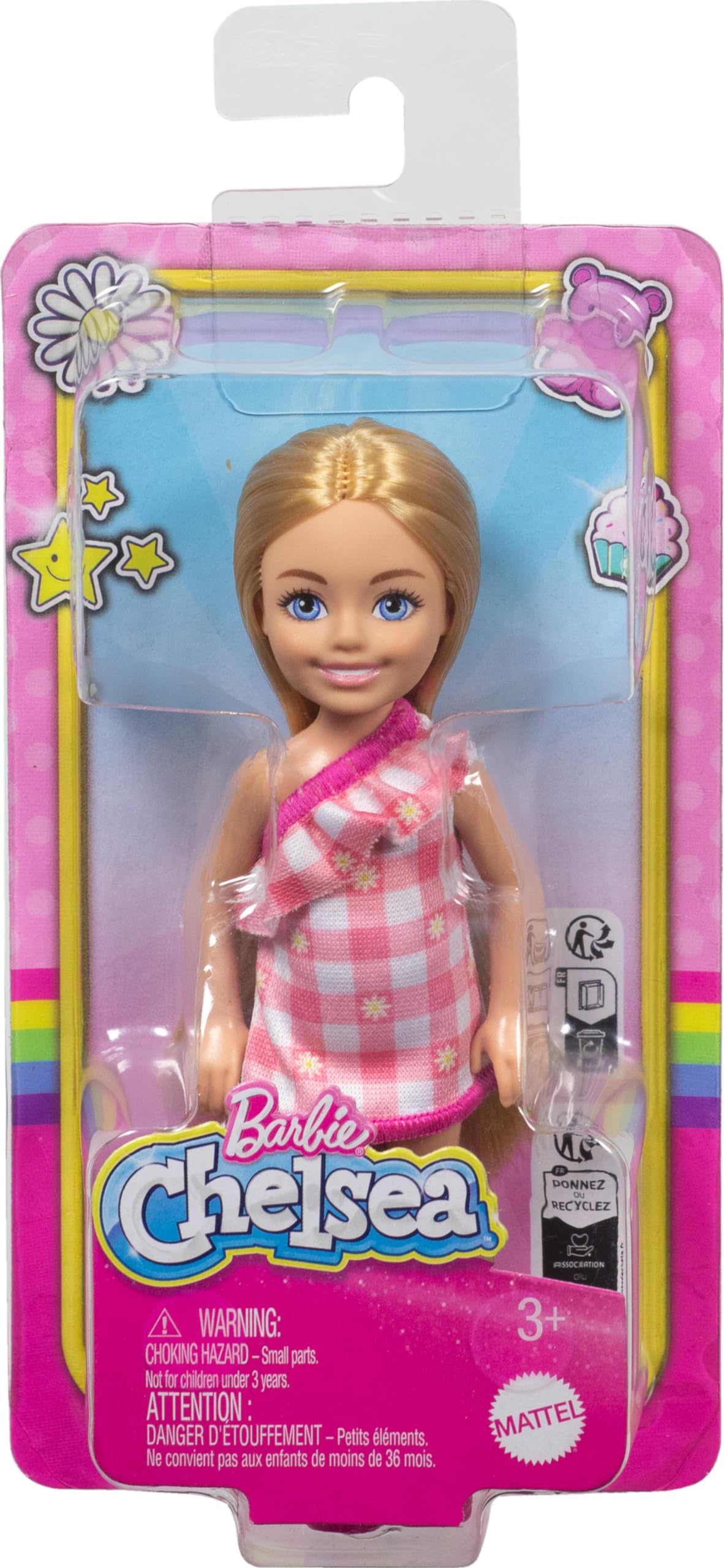Barbie Chelsea Doll, Small Doll Wearing Removable Checked Dress & Pink Shoes with Blonde Hair & Blue Eyes