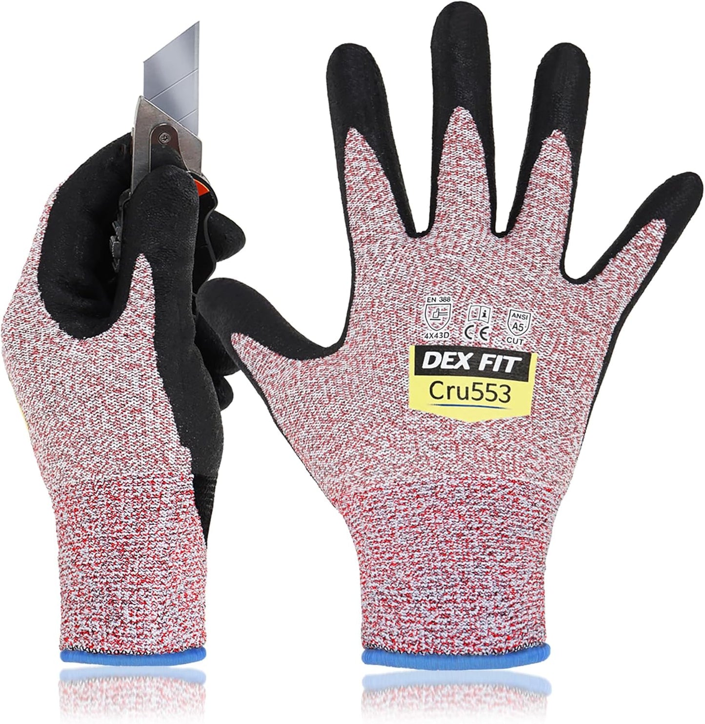 DEX FIT Professional Grade Level 5 Cut Resistant Gloves Cru553, Updated 2025 Coating, 3D Comfort Fit, Water-Based XS/6