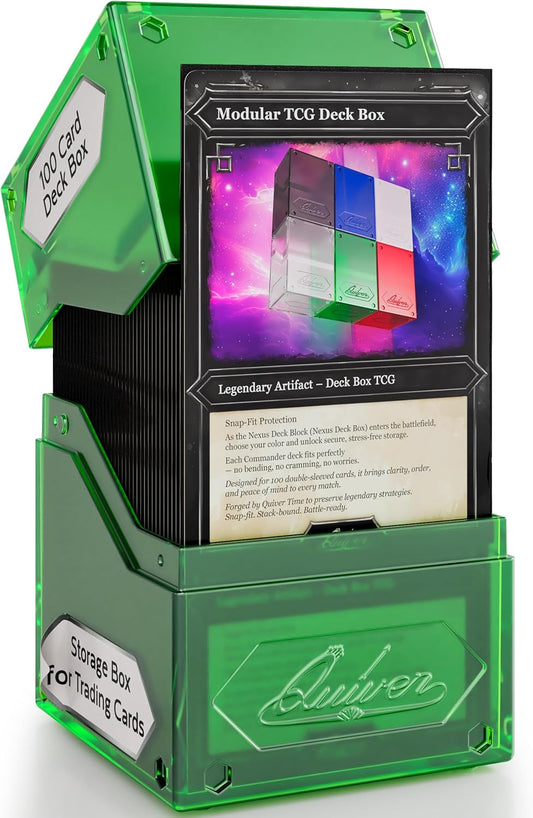 Quiver Time 360  Modular Nexus DeckBlock - Durable Stackable MTG Deck Box for Commander fits 100+ Cards | Stylish 100 Card Deck Box MTG | Interchangeable TCG Decks Boxes (1 pcs, Green)