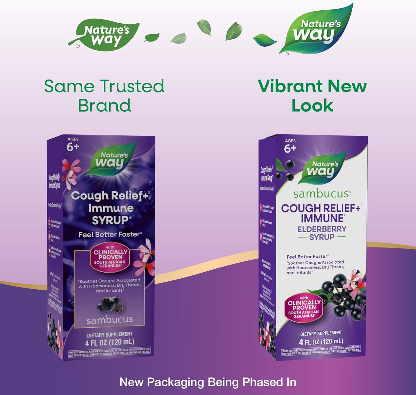 Nature's Way Sambucus Cough Relief +(1) Immune* Syrup, Feel Better Faster(1) Clinically Proven South African Geranium, with Elderberry Extract, Vitamin C & Zinc, Vegan, 4 Fl Oz (Packaging May Vary) *Exp 5/31/26*