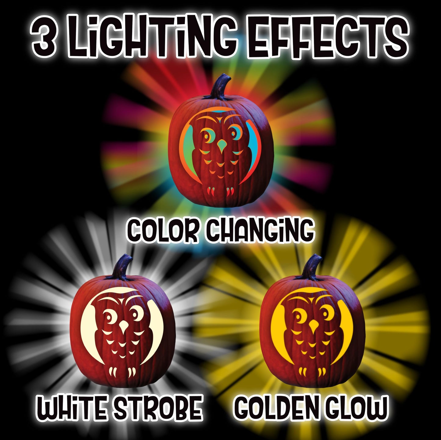 Pumpkin Masters Premium 3 in 1 Pumpkin Light – Versatile Pumpkin Lighting with White Strobe, Golden Glow, and Color Changing Effects, Batteries not Included
