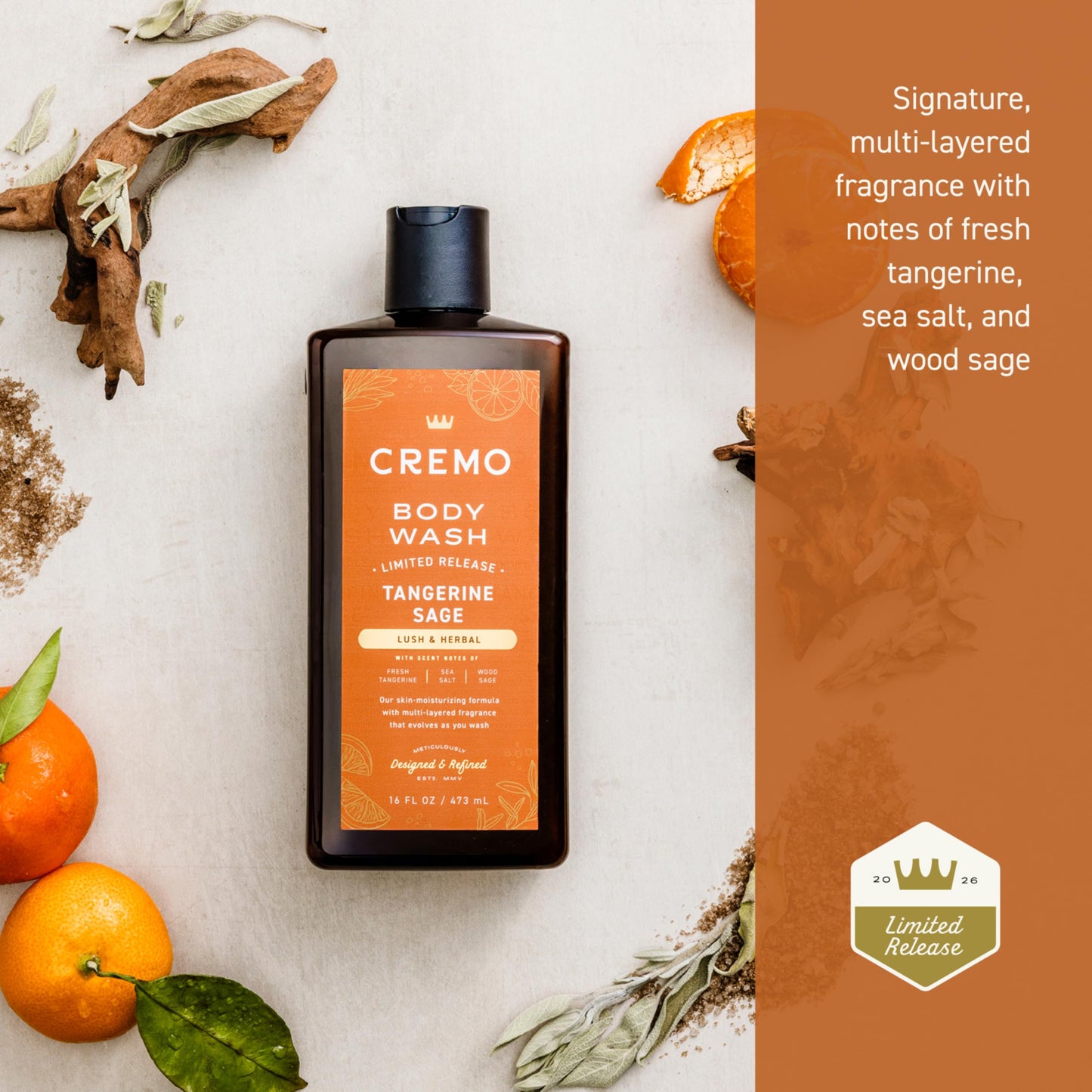 Cremo Body Wash for Men, Tangerine Sage, 16 Fl Oz