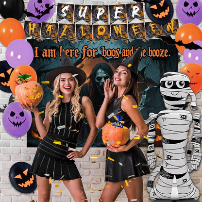 117 Pcs Halloween Decorations 5 Ft Jumbo Foil Balloon Happy Banner 60 Pcs Balloons Treat or Trick Goodie Bags Spider Bat Banner Foil Curtains Adult Party Supplies