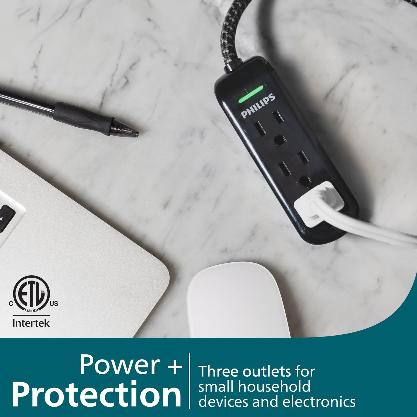 Philips 3-Outlet Flat Plug Extension Cord 8 Ft